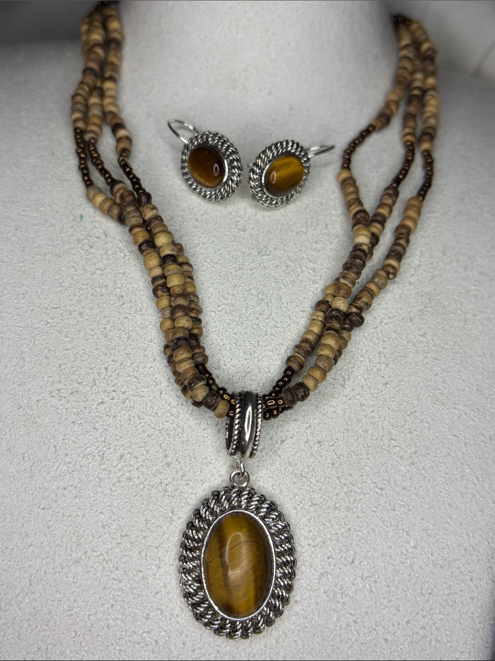 Avon Brown Tiger's Eye Multi-Strand Necklace with Matching Earrings